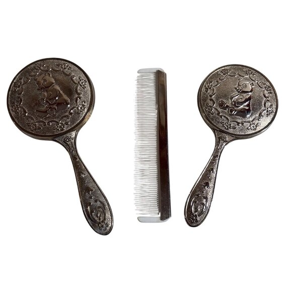Silver Plated Vanity Set Teddy Bear With Mirror Brush & Comb Vintage Childrens - Picture 1 of 6